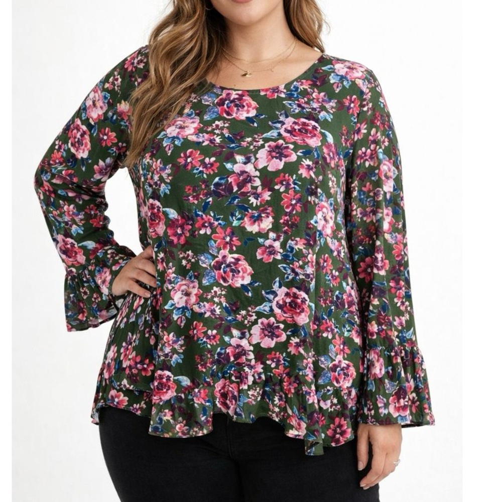 Kut From The Kloth Trixy Floral Ruffle Blouse Green Pink Bell Sleeve Size L